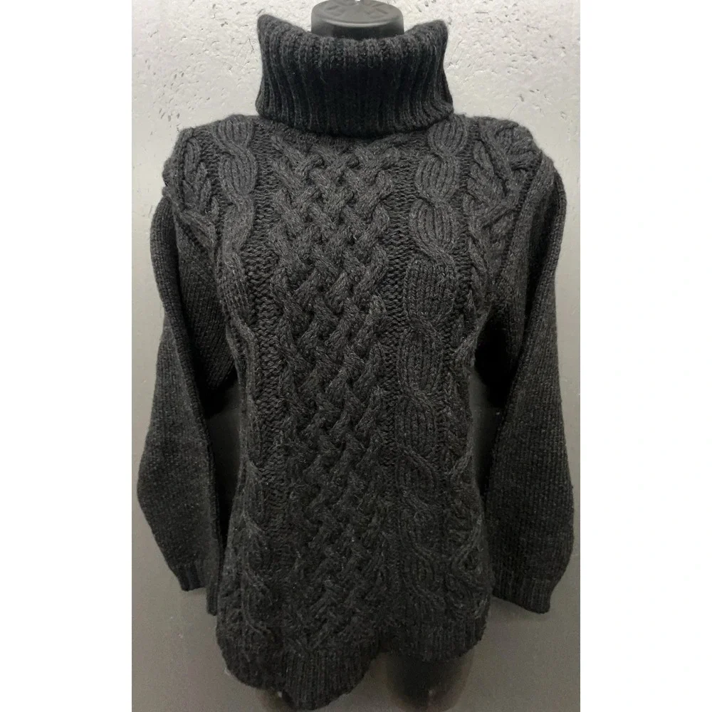 Peregrine Wool Sweater Women M Dark Gray‎ Black Cable Knit Turtleneck Fisherman